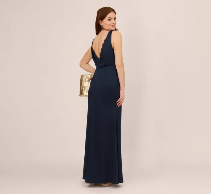 Long Dresses Womens Adrianna Papell Satin Crepe Mermaid Gown With Lace Accent Cowl Back In Dark Navy