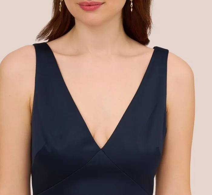 Long Dresses Womens Adrianna Papell Satin Crepe Mermaid Gown With Lace Accent Cowl Back In Dark Navy