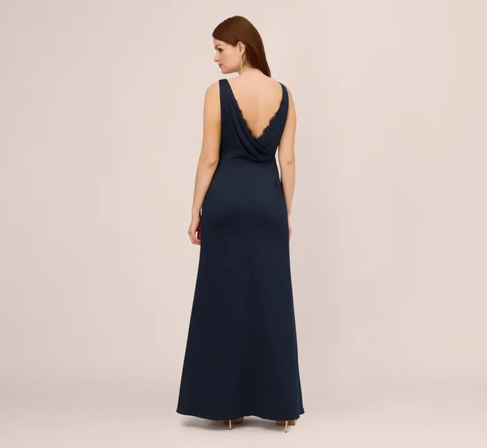 Long Dresses Womens Adrianna Papell Satin Crepe Mermaid Gown With Lace Accent Cowl Back In Dark Navy