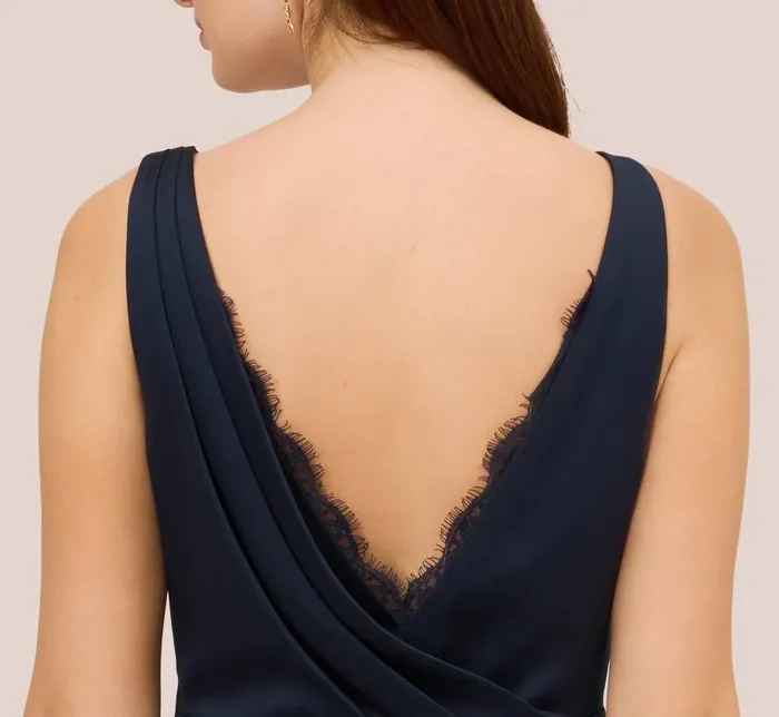 Long Dresses Womens Adrianna Papell Satin Crepe Mermaid Gown With Lace Accent Cowl Back In Dark Navy