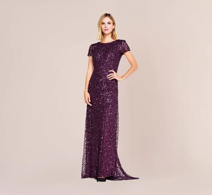 Long Dresses Womens Adrianna Papell Scoop Back Sequin Gown In Cabernet