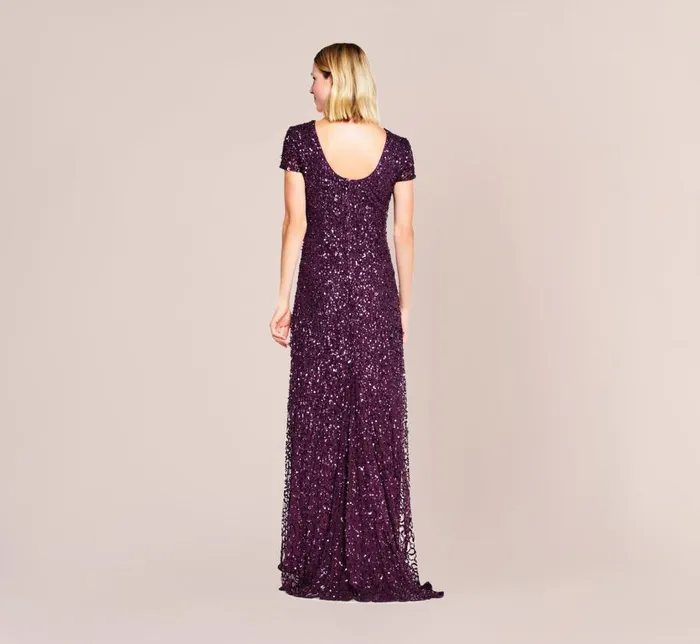 Long Dresses Womens Adrianna Papell Scoop Back Sequin Gown In Cabernet