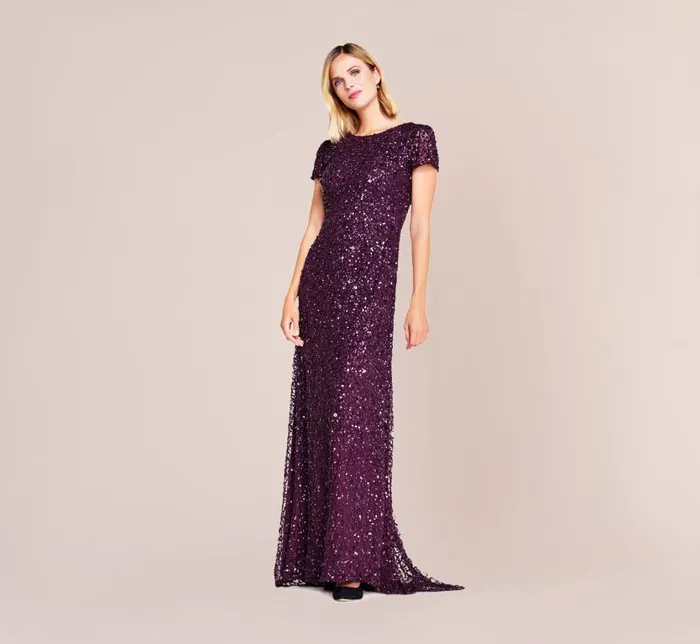 Long Dresses Womens Adrianna Papell Scoop Back Sequin Gown In Cabernet