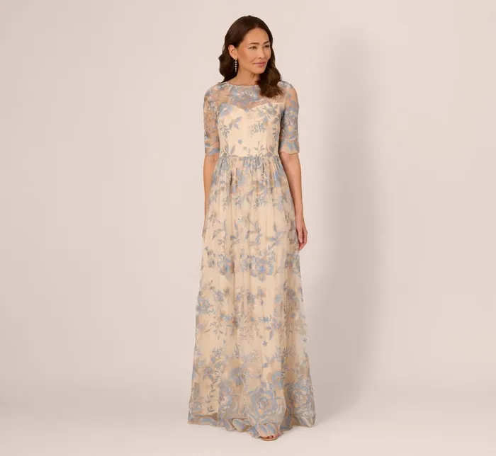Long Dresses Womens Adrianna Papell Short Sleeve Floral Embroidered Dress With Sheer Neckline In Thundercloud Gold Long Dresses Womens Adrianna Papell Short Sleeve Floral Embroidered Dress With Sheer Neckline In Thundercloud Gold