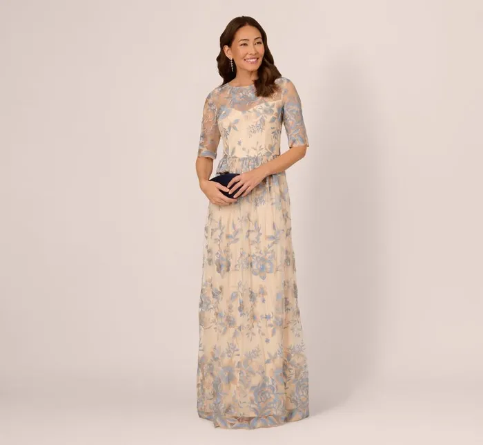 Long Dresses Womens Adrianna Papell Short Sleeve Floral Embroidered Dress With Sheer Neckline In Thundercloud Gold