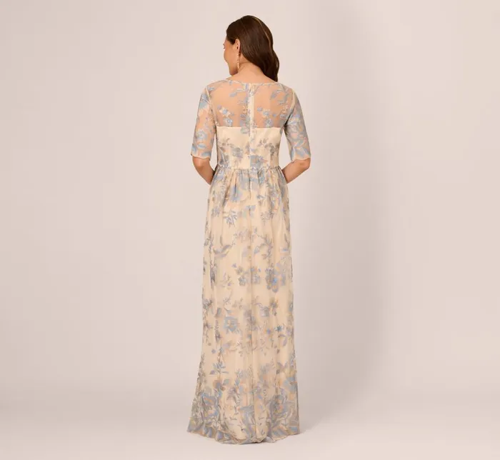 Long Dresses Womens Adrianna Papell Short Sleeve Floral Embroidered Dress With Sheer Neckline In Thundercloud Gold