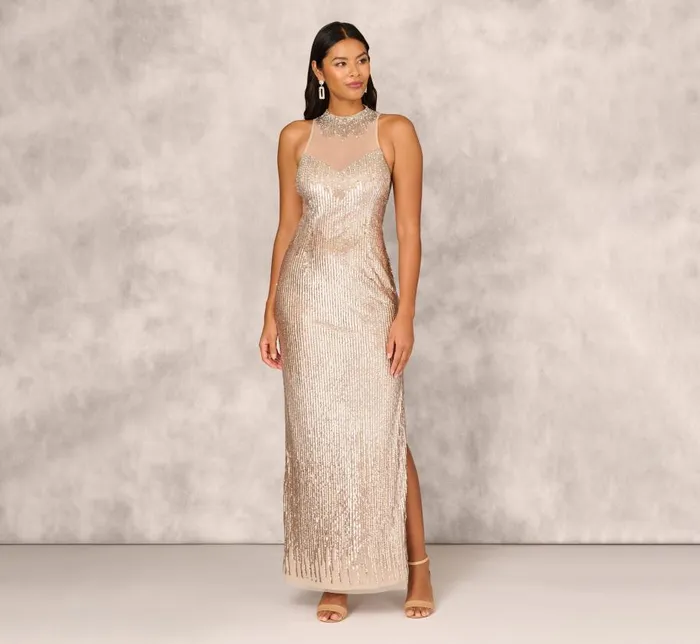 Long Dresses Womens Adrianna Papell Sleeveless Beaded Column Gown With Illusion Neckline In Champagne Long Dresses Womens Adrianna Papell Sleeveless Beaded Column Gown With Illusion Neckline In Champagne