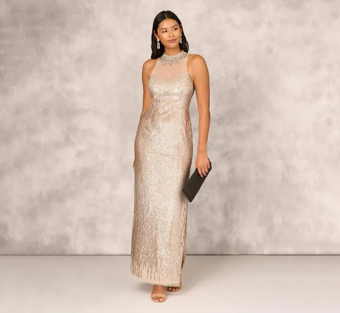 Long Dresses Womens Adrianna Papell Sleeveless Beaded Column Gown With Illusion Neckline In Champagne