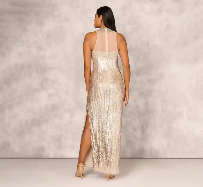 Long Dresses Womens Adrianna Papell Sleeveless Beaded Column Gown With Illusion Neckline In Champagne