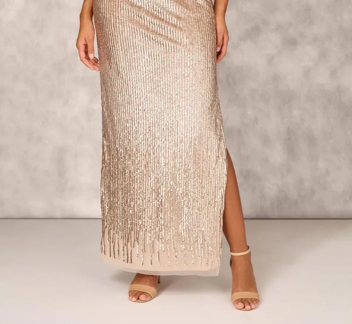 Long Dresses Womens Adrianna Papell Sleeveless Beaded Column Gown With Illusion Neckline In Champagne