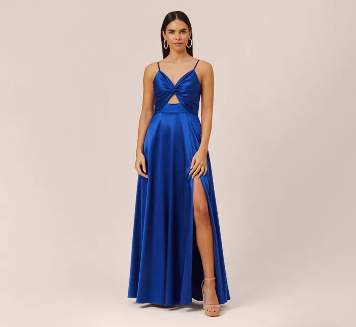 Long Dresses Womens Adrianna Papell Twist Front Satin Gown With Cutout In True Blue