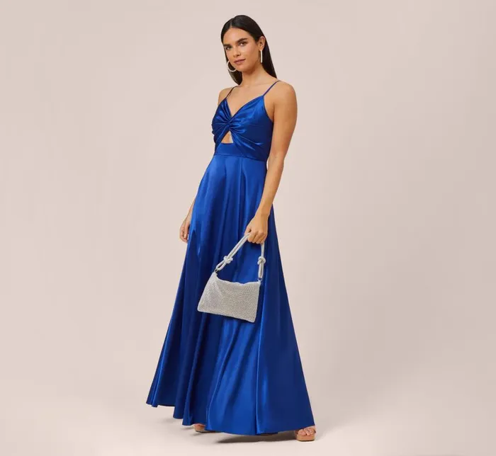 Long Dresses Womens Adrianna Papell Twist Front Satin Gown With Cutout In True Blue