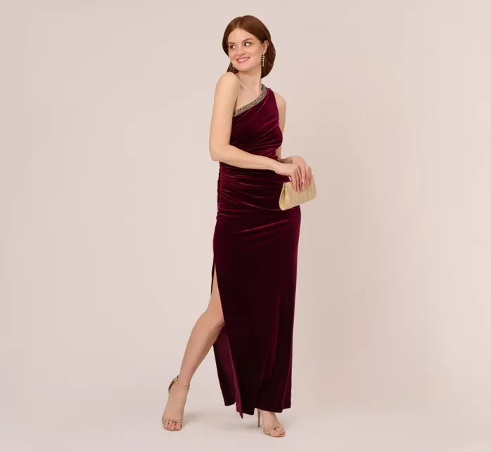 Long Dresses Womens Adrianna Papell Velvet One Shoulder Gown With Beaded Neckline In Burgundy