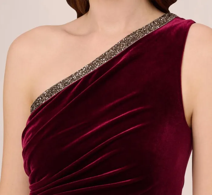 Long Dresses Womens Adrianna Papell Velvet One Shoulder Gown With Beaded Neckline In Burgundy