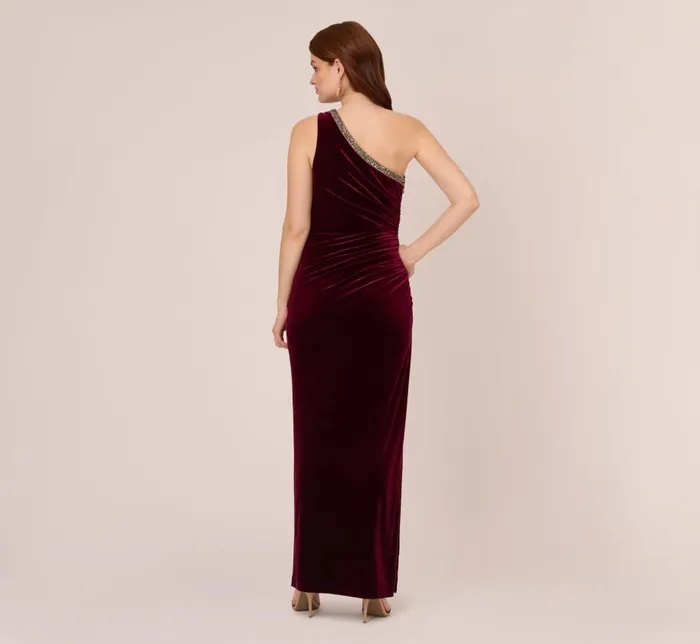 Long Dresses Womens Adrianna Papell Velvet One Shoulder Gown With Beaded Neckline In Burgundy