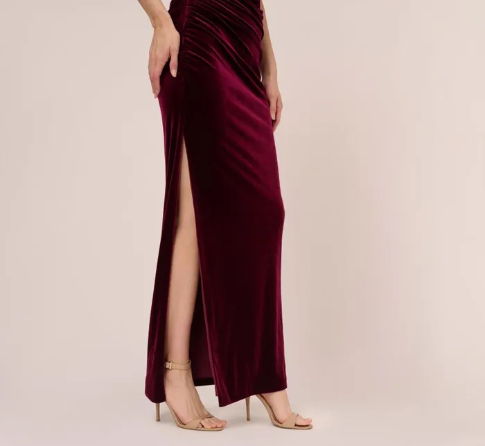 Long Dresses Womens Adrianna Papell Velvet One Shoulder Gown With Beaded Neckline In Burgundy