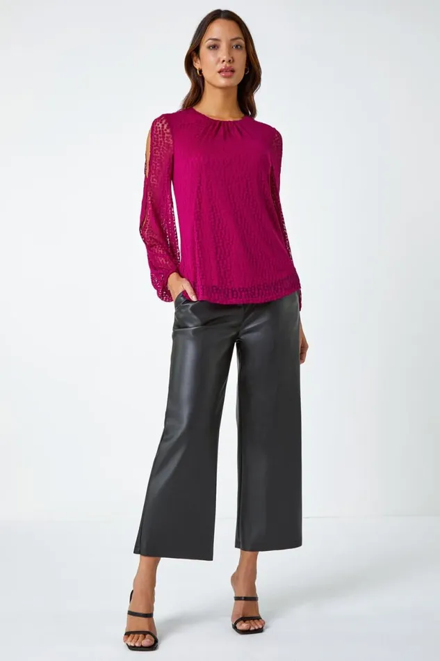 Magenta Split Sleeve Textured Spot Print Top Women Roman Tops
