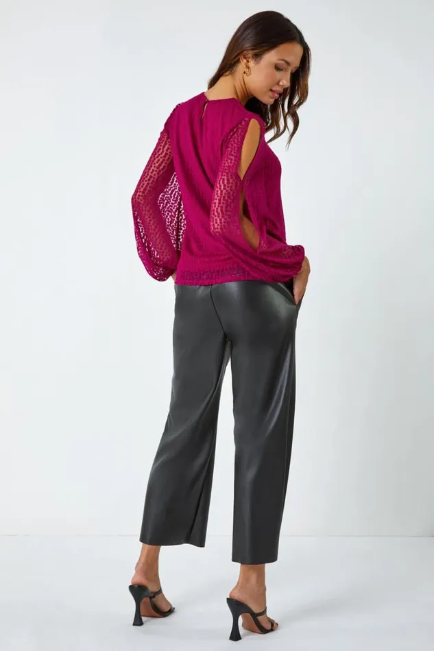 Magenta Split Sleeve Textured Spot Print Top Women Roman Tops