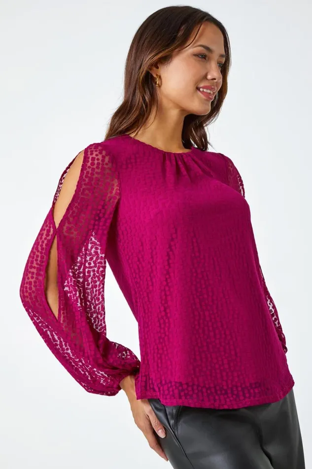 Magenta Split Sleeve Textured Spot Print Top Women Roman Tops