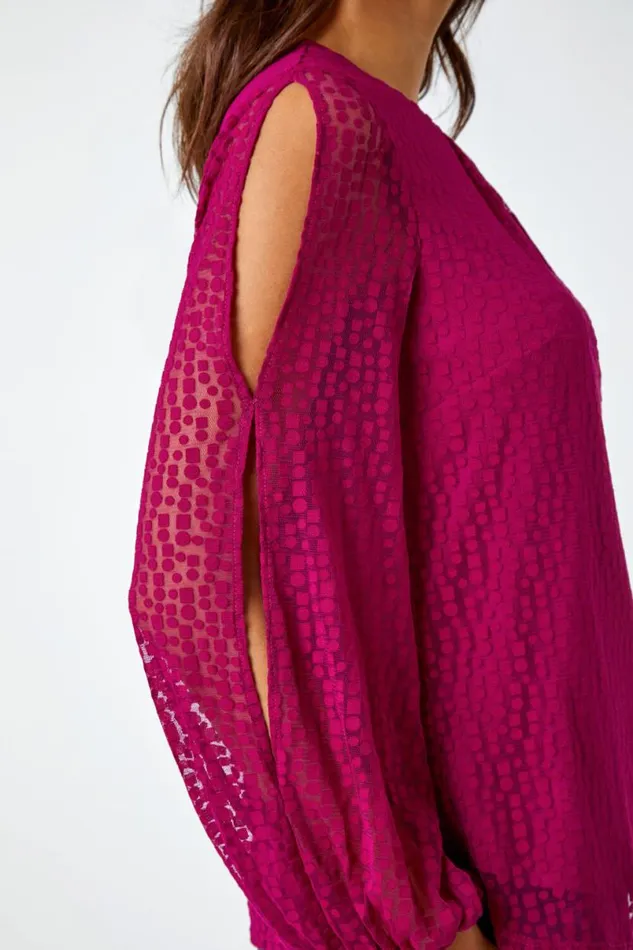 Magenta Split Sleeve Textured Spot Print Top Women Roman Tops