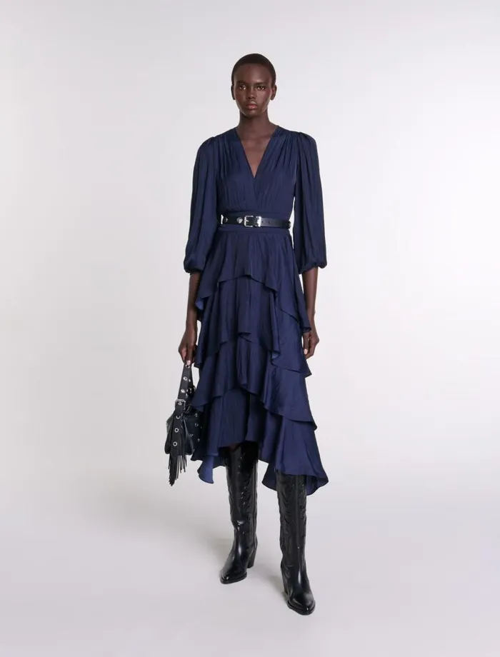 Maje Dresses Womens Ruffled Maxi Dress Navy