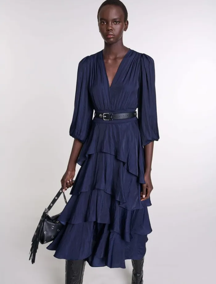 Maje Dresses Womens Ruffled Maxi Dress Navy