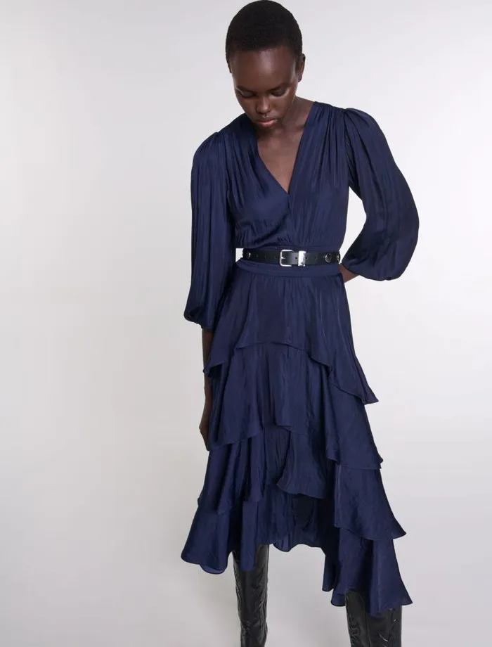 Maje Dresses Womens Ruffled Maxi Dress Navy