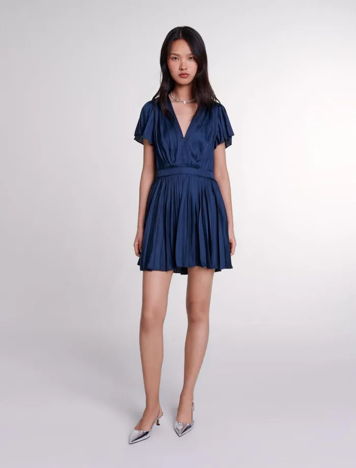 Maje Dresses Womens Short Pleated Dress Navy