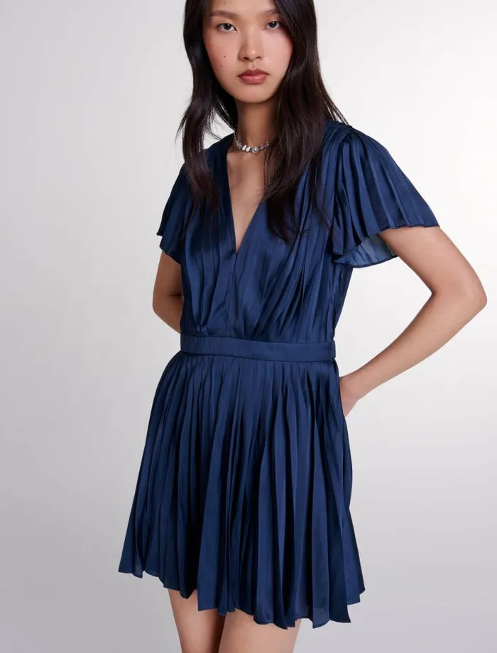 Maje Dresses Womens Short Pleated Dress Navy
