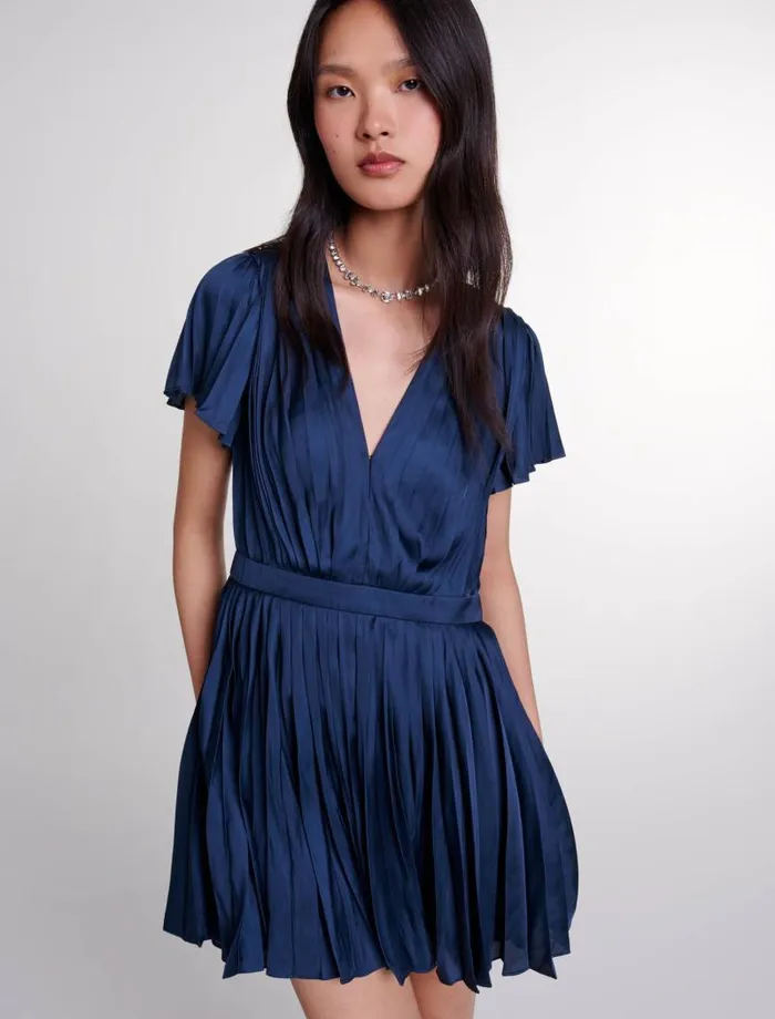 Maje Dresses Womens Short Pleated Dress Navy