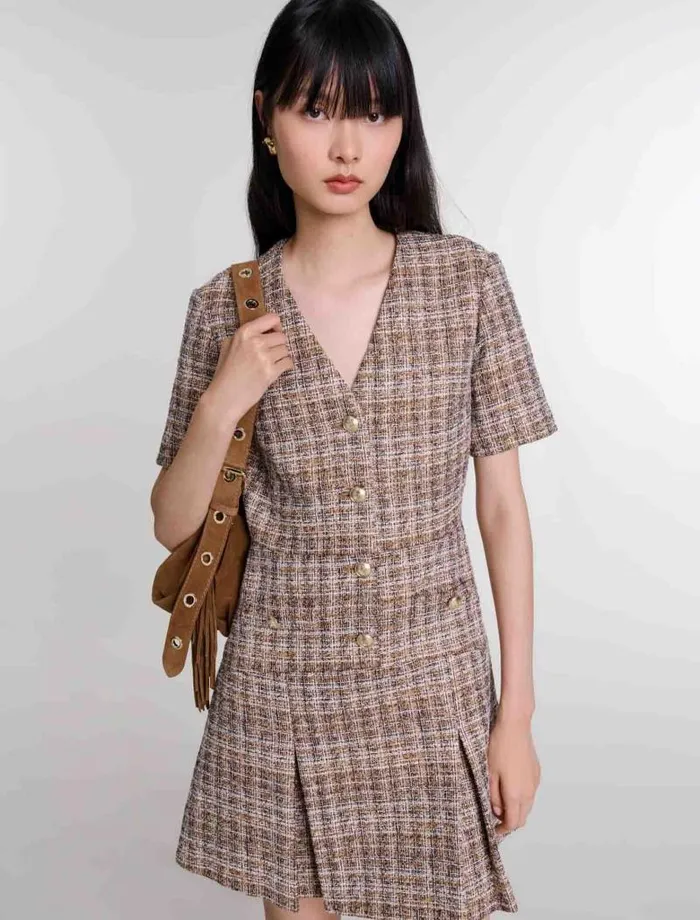 Maje Dresses Womens Short Tweed Dress Brown