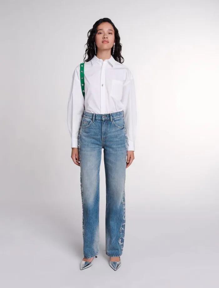 Maje Pants and Jeans Womens Embroidered Jeans Blue