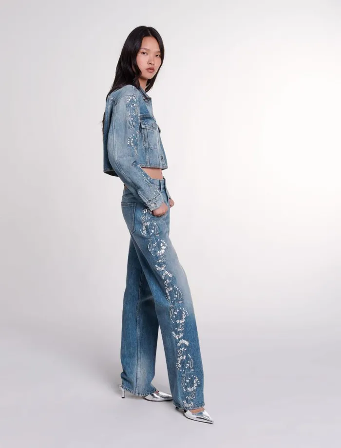 Maje Pants and Jeans Womens Embroidered Jeans Blue