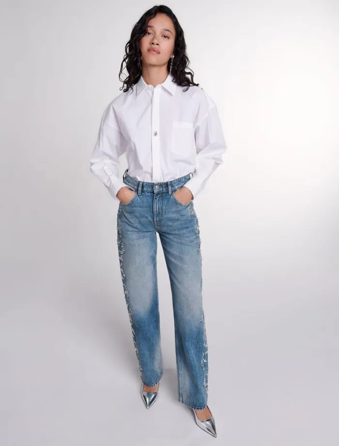 Maje Pants and Jeans Womens Embroidered Jeans Blue