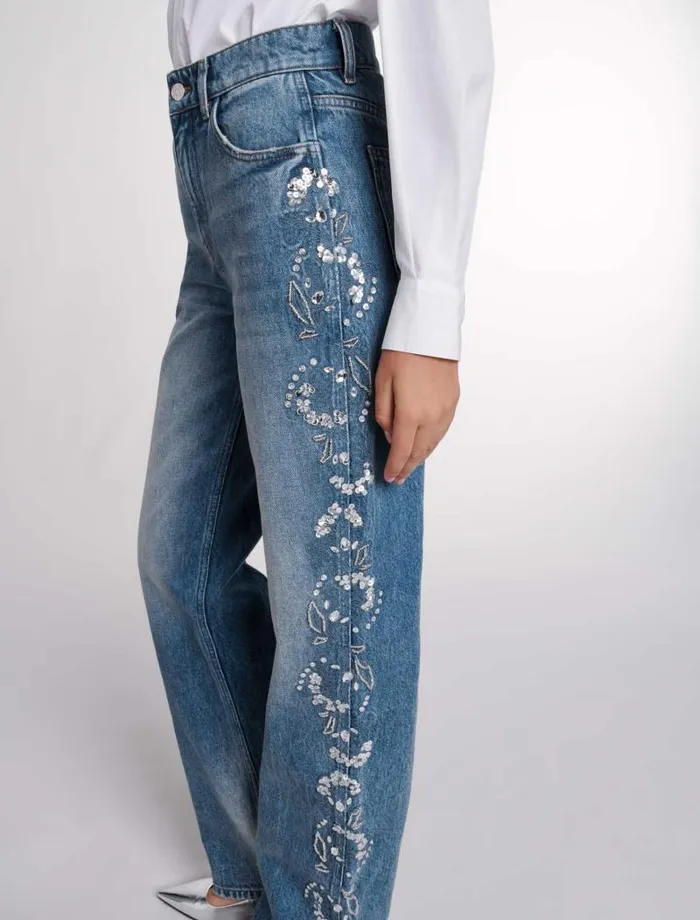 Maje Pants and Jeans Womens Embroidered Jeans Blue