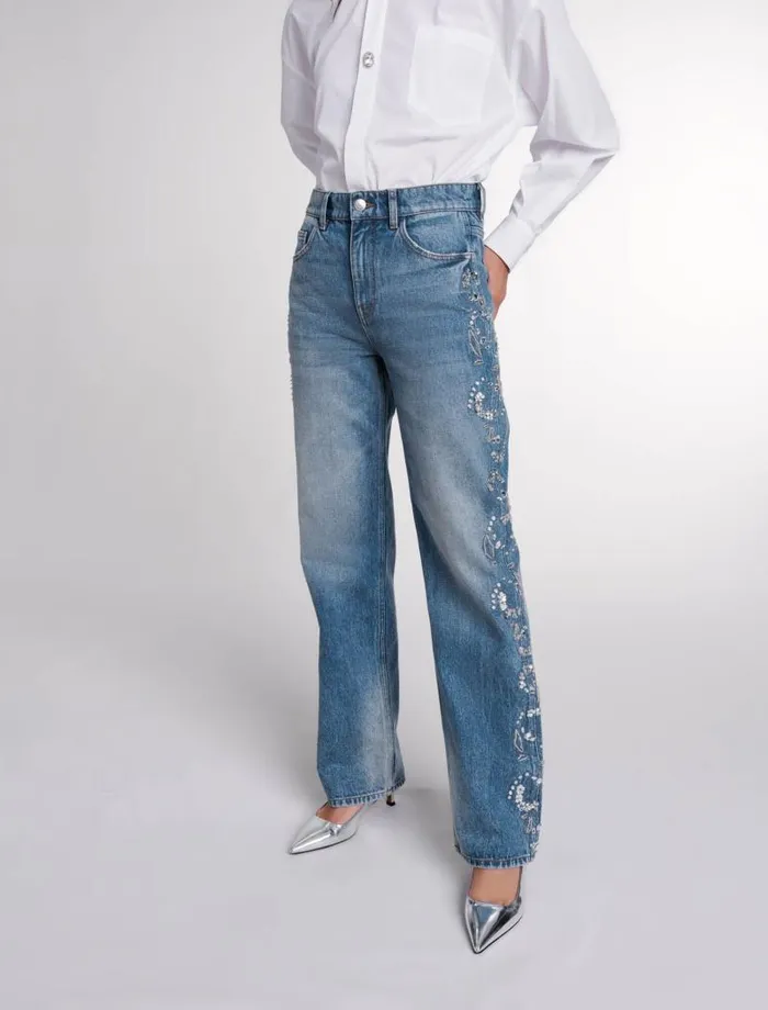 Maje Pants and Jeans Womens Embroidered Jeans Blue