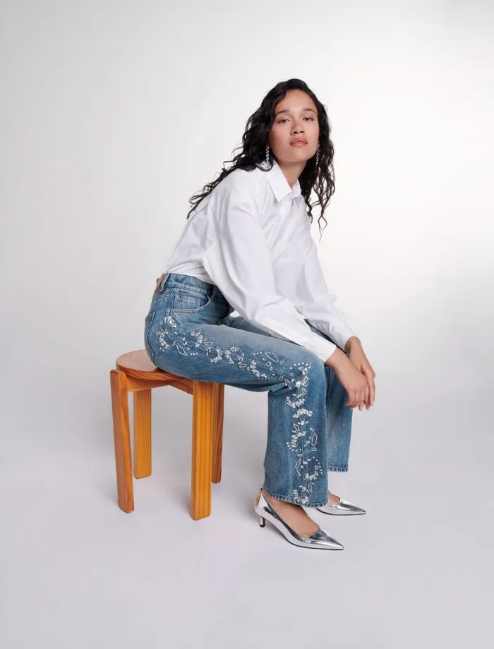 Maje Pants and Jeans Womens Embroidered Jeans Blue