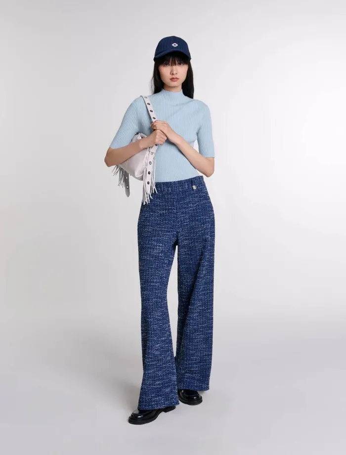 Maje Pants and Jeans Womens Wideleg Tweed Trousers Blue
