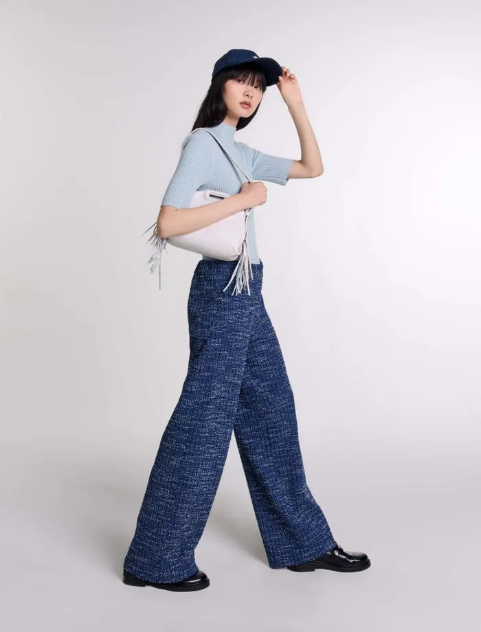 Maje Pants and Jeans Womens Wideleg Tweed Trousers Blue