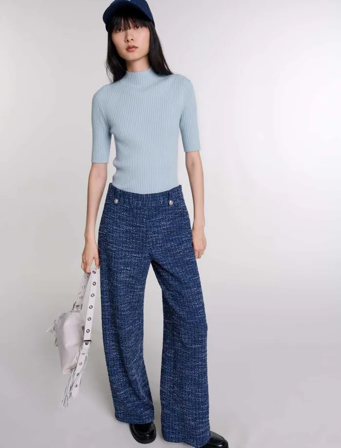 Maje Pants and Jeans Womens Wideleg Tweed Trousers Blue