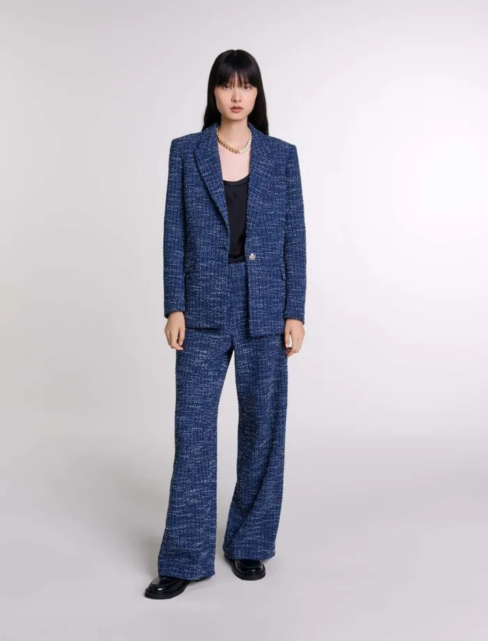 Maje Pants and Jeans Womens Wideleg Tweed Trousers Blue