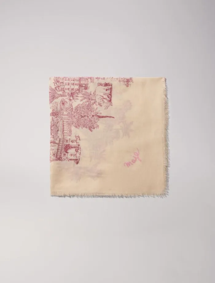 Maje Scarves and Ponchos Womens Patterned Cashmere Blend Scarf Pink Jungle Canvas