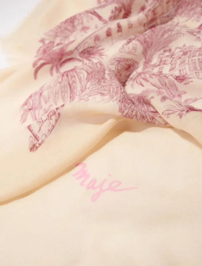 Maje Scarves and Ponchos Womens Patterned Cashmere Blend Scarf Pink Jungle Canvas