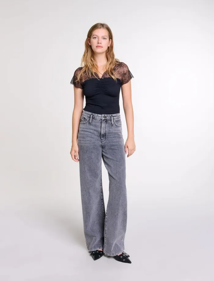 Maje Tops and Shirts Womens Jersey Top With Lace Trim Black