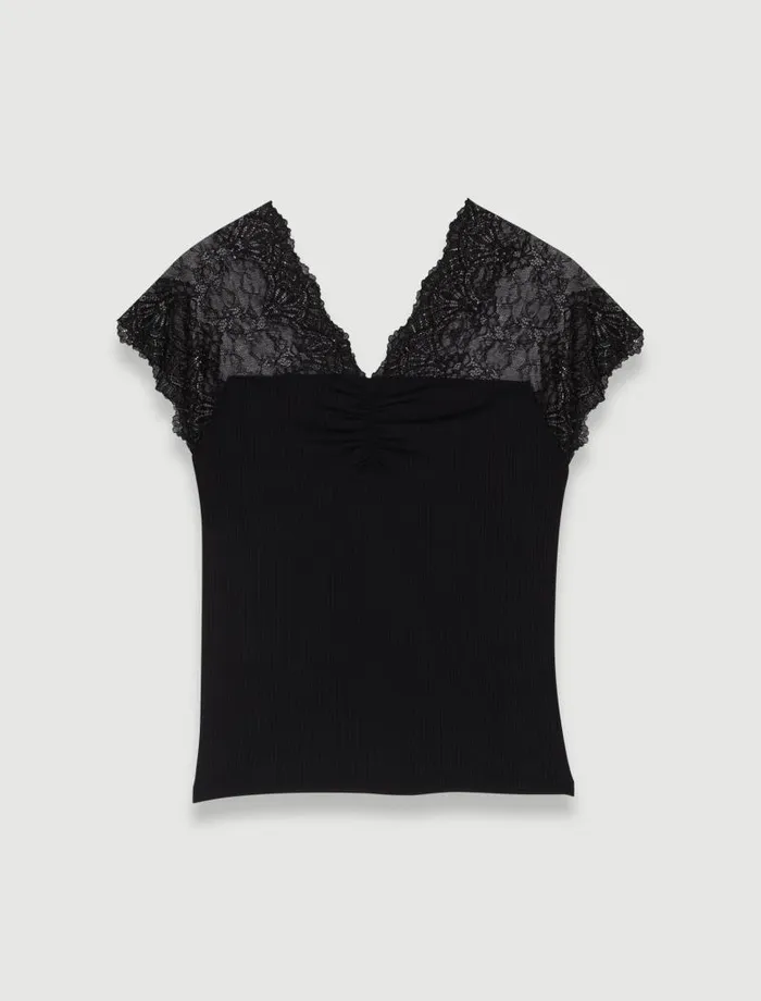 Maje Tops and Shirts Womens Jersey Top With Lace Trim Black Maje Tops and Shirts Womens Jersey Top With Lace Trim Black