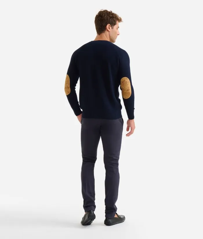 Man Knitwears Shirts and TShirts Alviero Martini Wool Blend Yarn Crewneck Sweater With Geo Classic Elbow Patches Night Blue