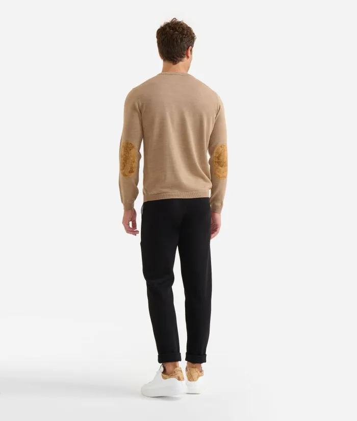 Man Knitwears Shirts and TShirts Alviero Martini Wool Blend Yarn Crewneck Sweater With Geo Classic Elbow Patches Walnut