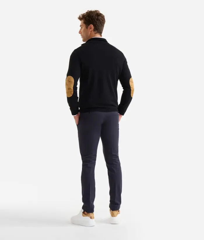 Man Knitwears Shirts and TShirts Alviero Martini Wool Blend Yarn Sweater With Zip Collar And Geo Classic Elbow Patches Black