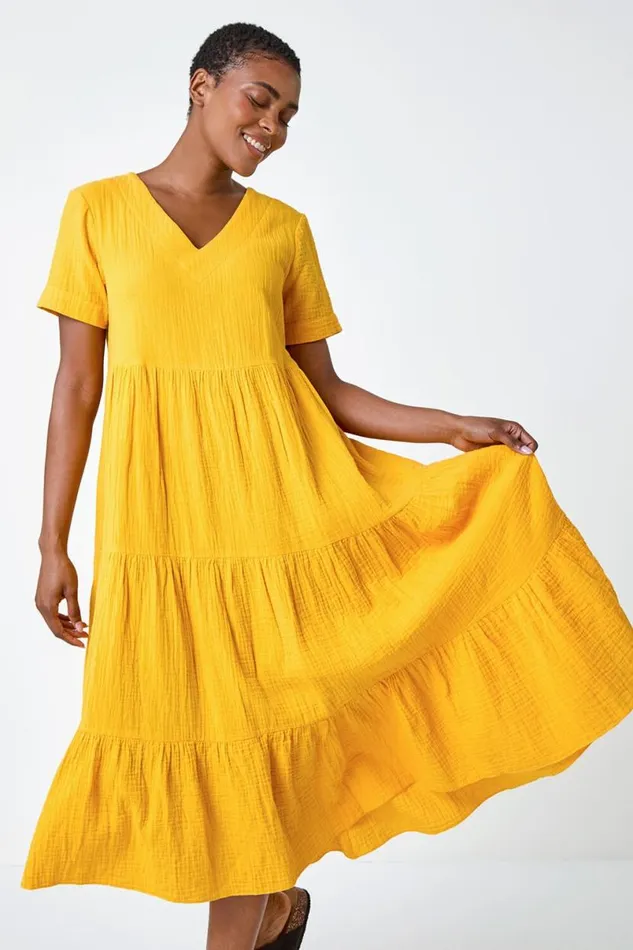 Mango Cotton Textured Tiered Midi Dress Women Roman Dresses