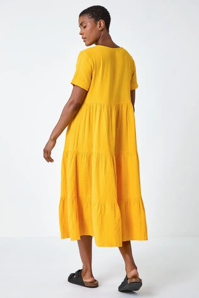 Mango Cotton Textured Tiered Midi Dress Women Roman Dresses